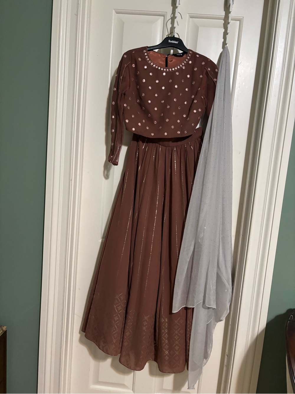 Chiffon Brown ThreePiece Lehenga  Set with silver Dupetta Small size